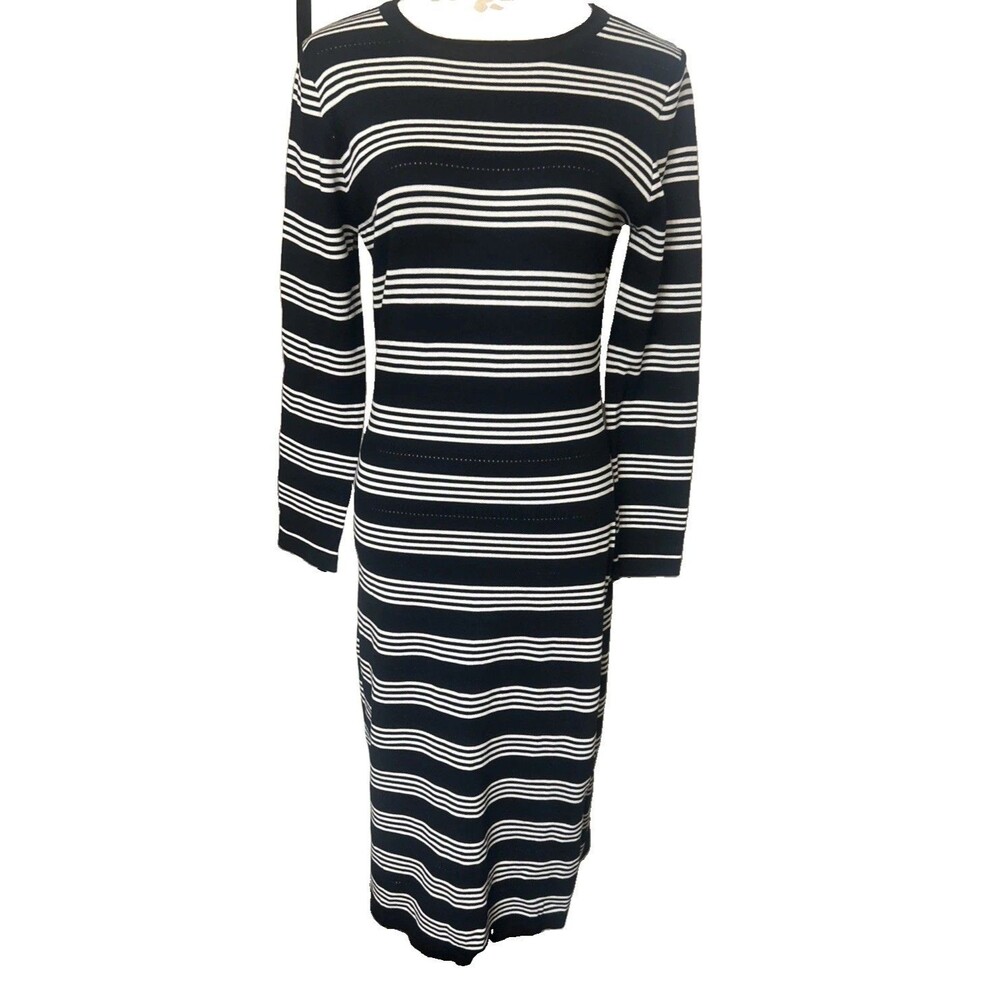 Zesica Stripe Black White Knit Long Sleeves Slit Pullover Sheath Midi Dress Sz M